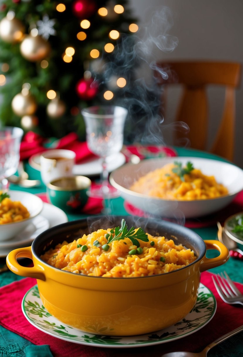 A steaming pot of butternut squash risotto on a festively decorated holiday dinner table