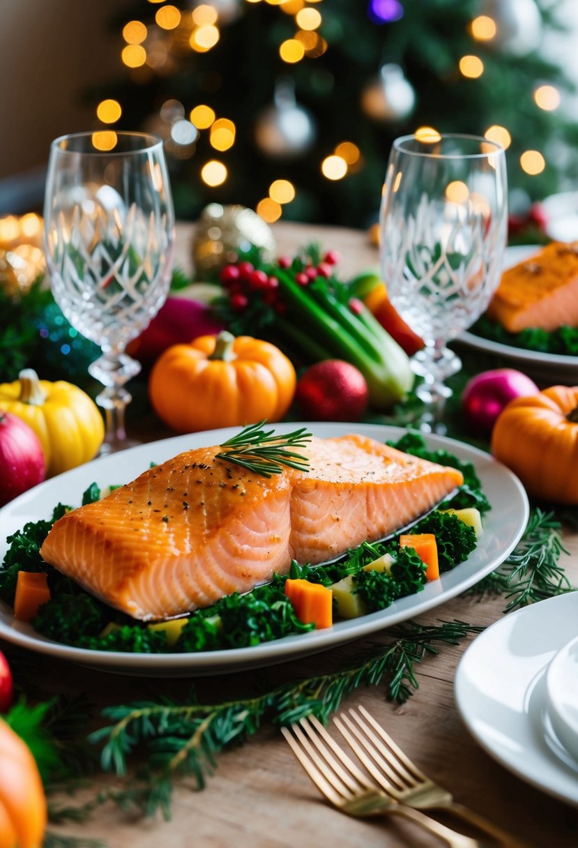 A festive dinner table set with a golden-brown Salmon en Croûte, surrounded by colorful seasonal vegetables and sparkling holiday decorations