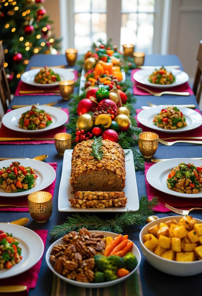 A festive dining table set with a colorful array of vegetarian nut roast, roasted vegetables, and holiday decorations