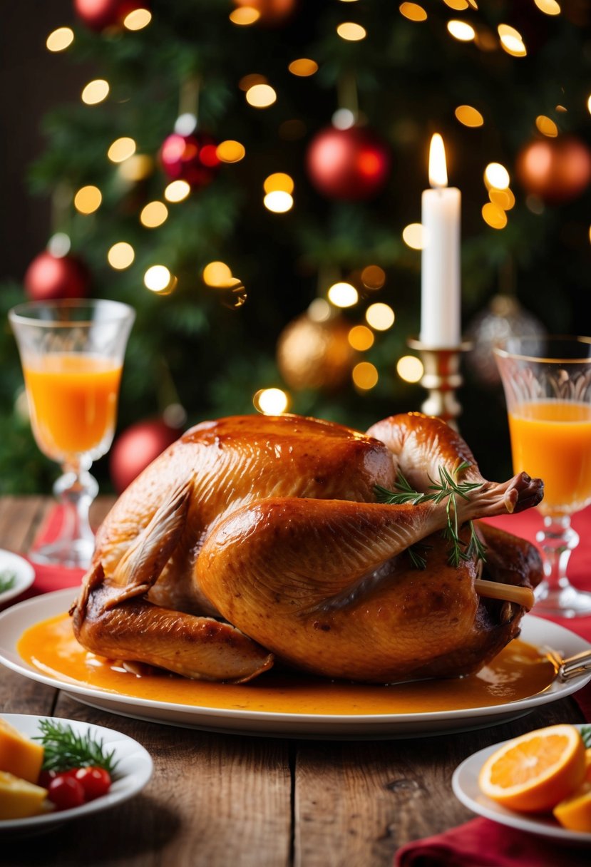 A whole roast duck with orange sauce on a festive dinner table