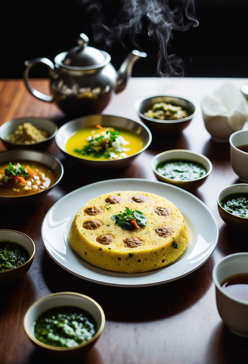 A table set with a steaming plate of dhokla, surrounded by bowls of chutney and garnishes, with a teapot and cups nearby