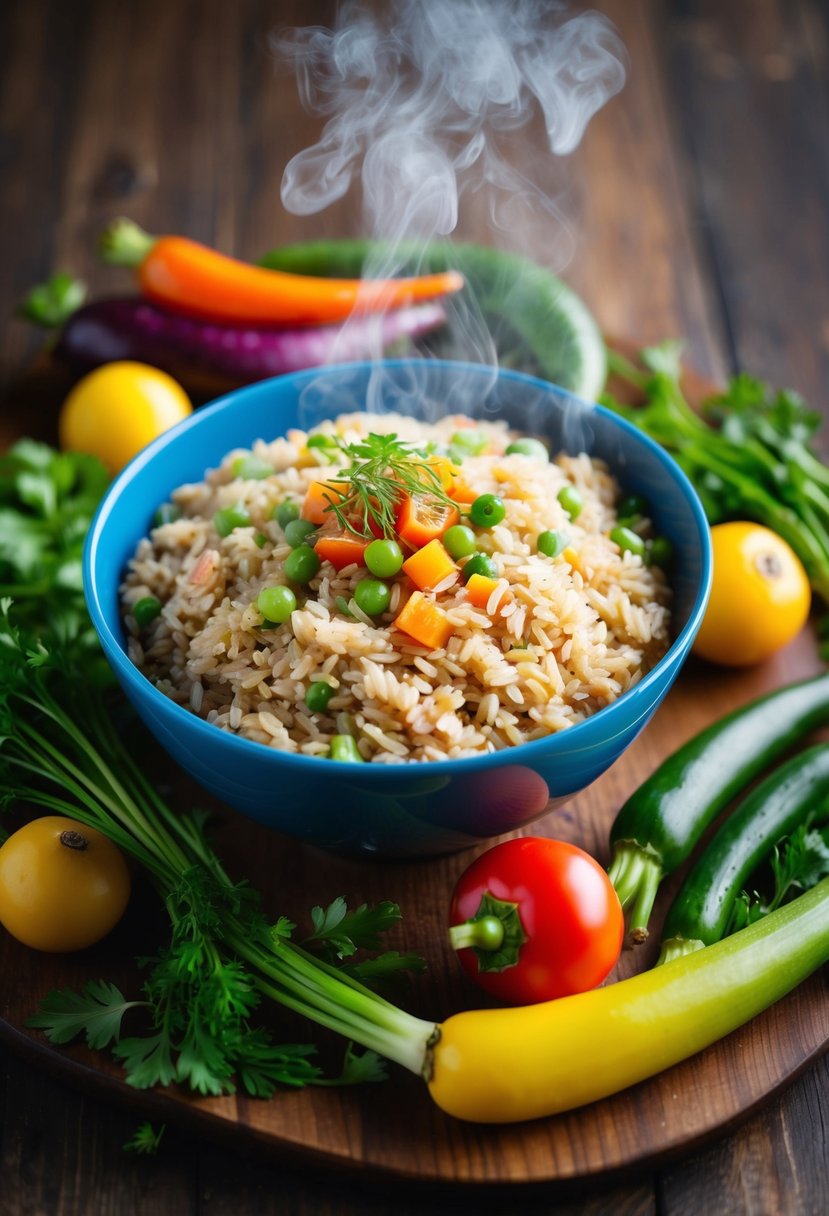 A steaming bowl of brown rice surrounded by colorful vegetables and herbs on a wooden table