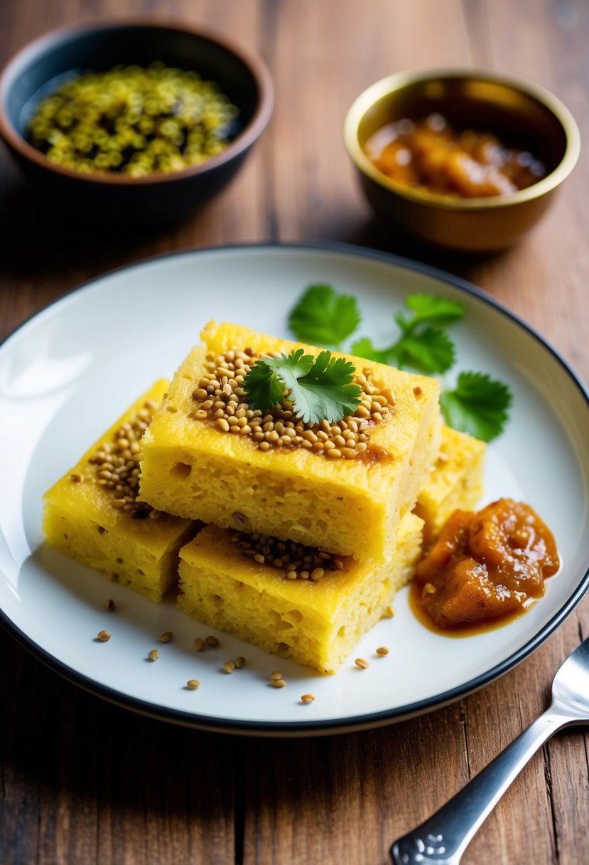 A plate of steamed Khaman Dhokla topped with mustard seeds and cilantro, accompanied by a side of tangy tamarind chutney