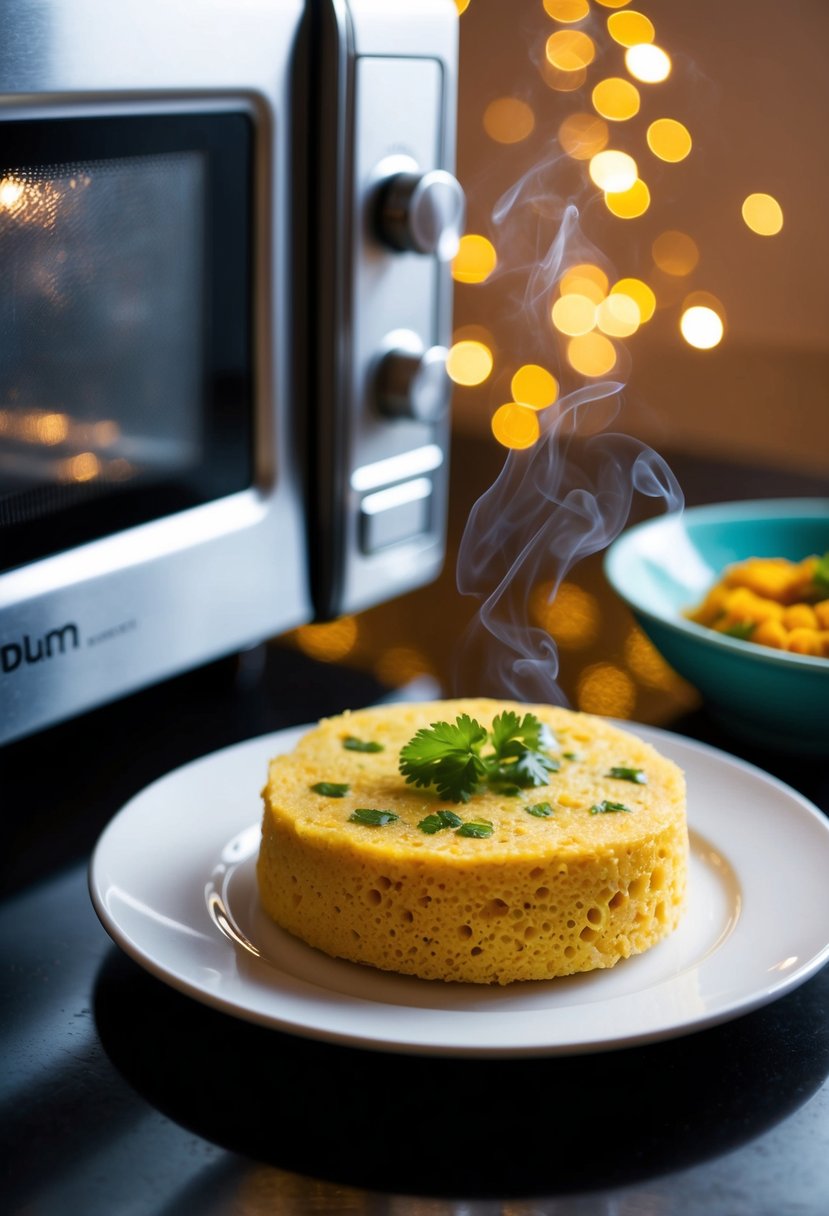 A steaming plate of dhokla sits beside a humming microwave