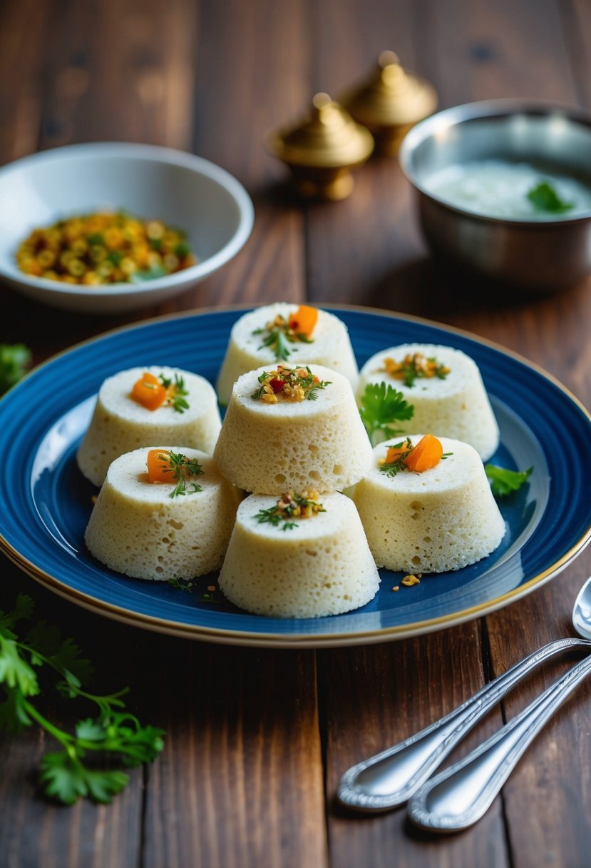 A plate of steamed white Rava Dhokla with garnishes on a wooden table