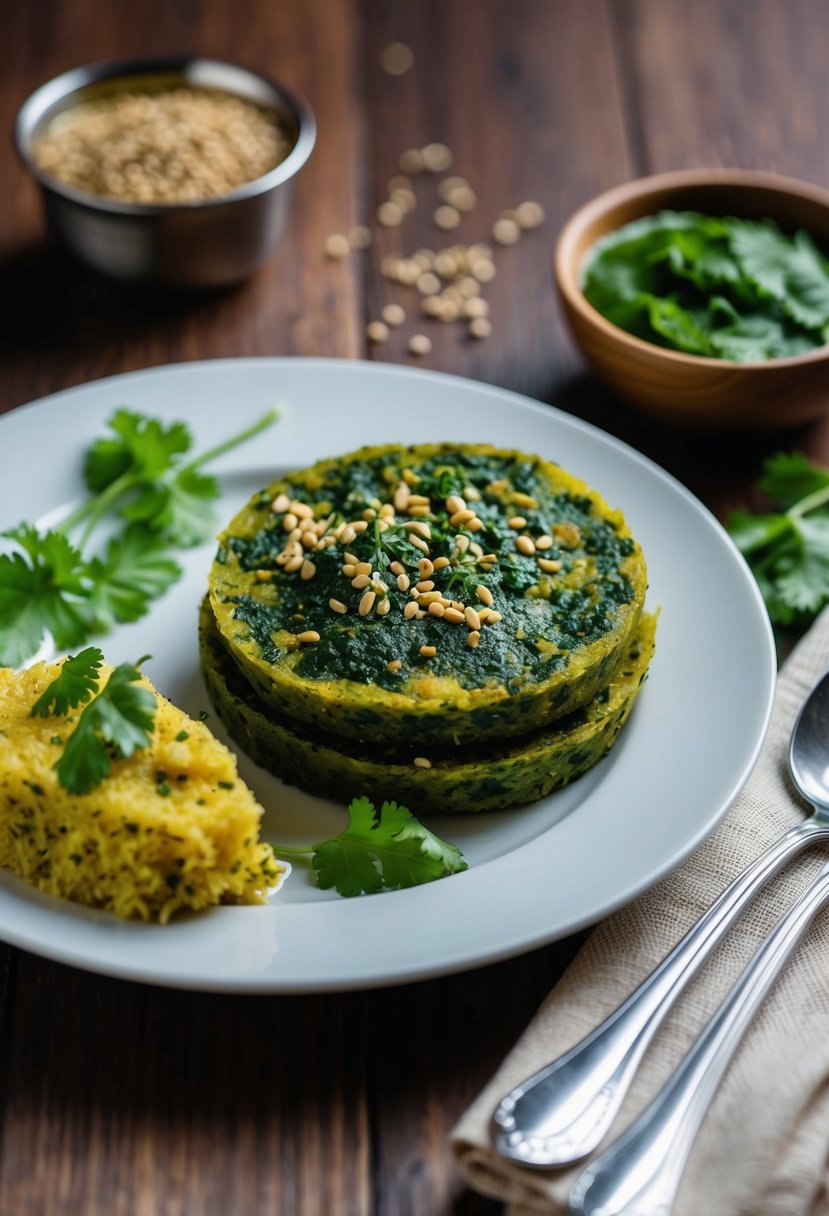 A plate of steaming spinach dhokla with a side of chutney, garnished with fresh coriander and mustard seeds