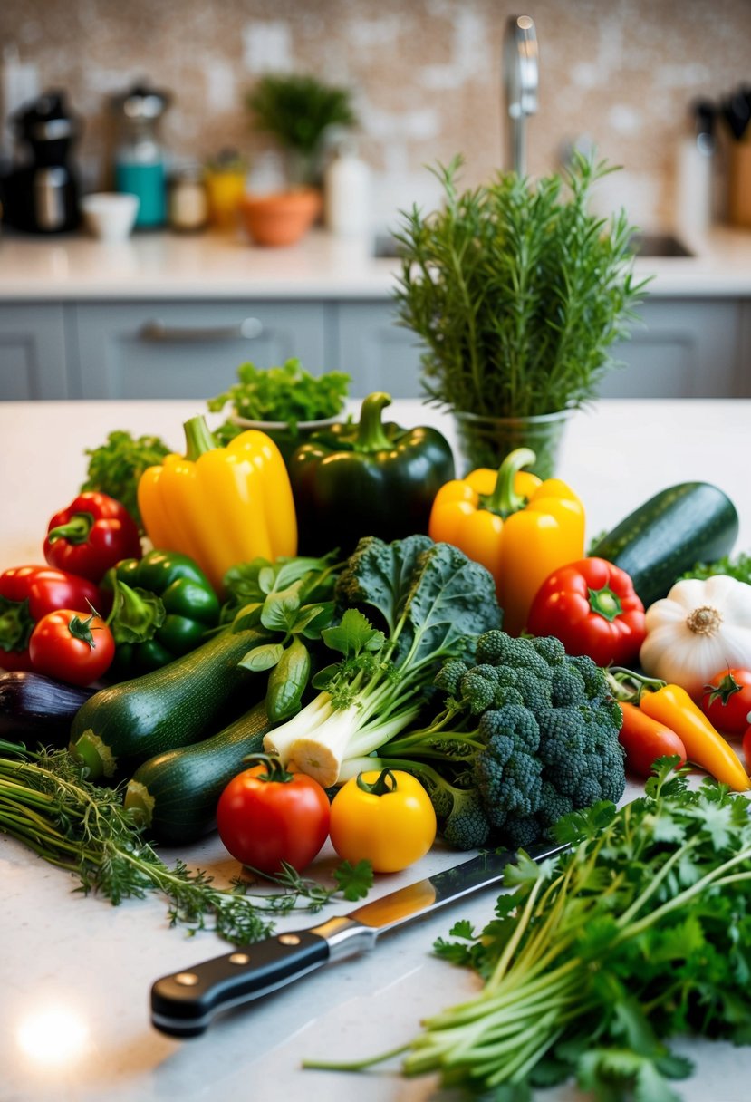 A colorful array of fresh vegetables, herbs, and kitchen utensils on a clean countertop, ready to be used for preparing a simple and delicious dinner