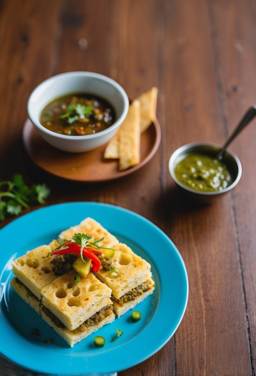 A plate of sandwich dhokla with chutney and garnishes on a wooden table