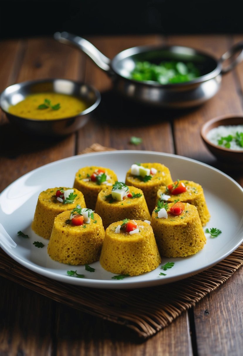 A plate of steamed Moong Dal Dhokla with garnishes on a wooden table