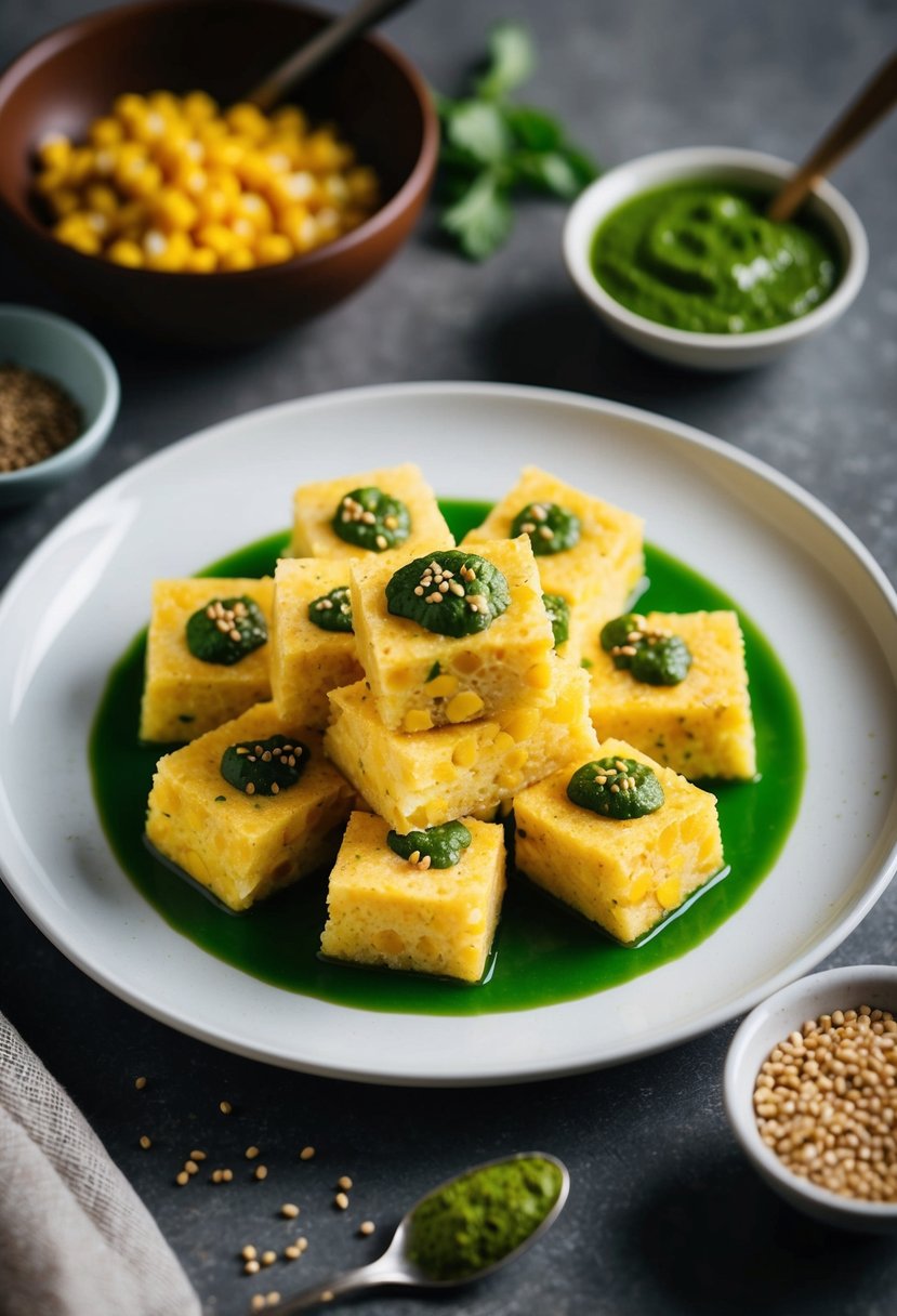 A plate of steamed Corn Dhokla garnished with green chutney and mustard seeds