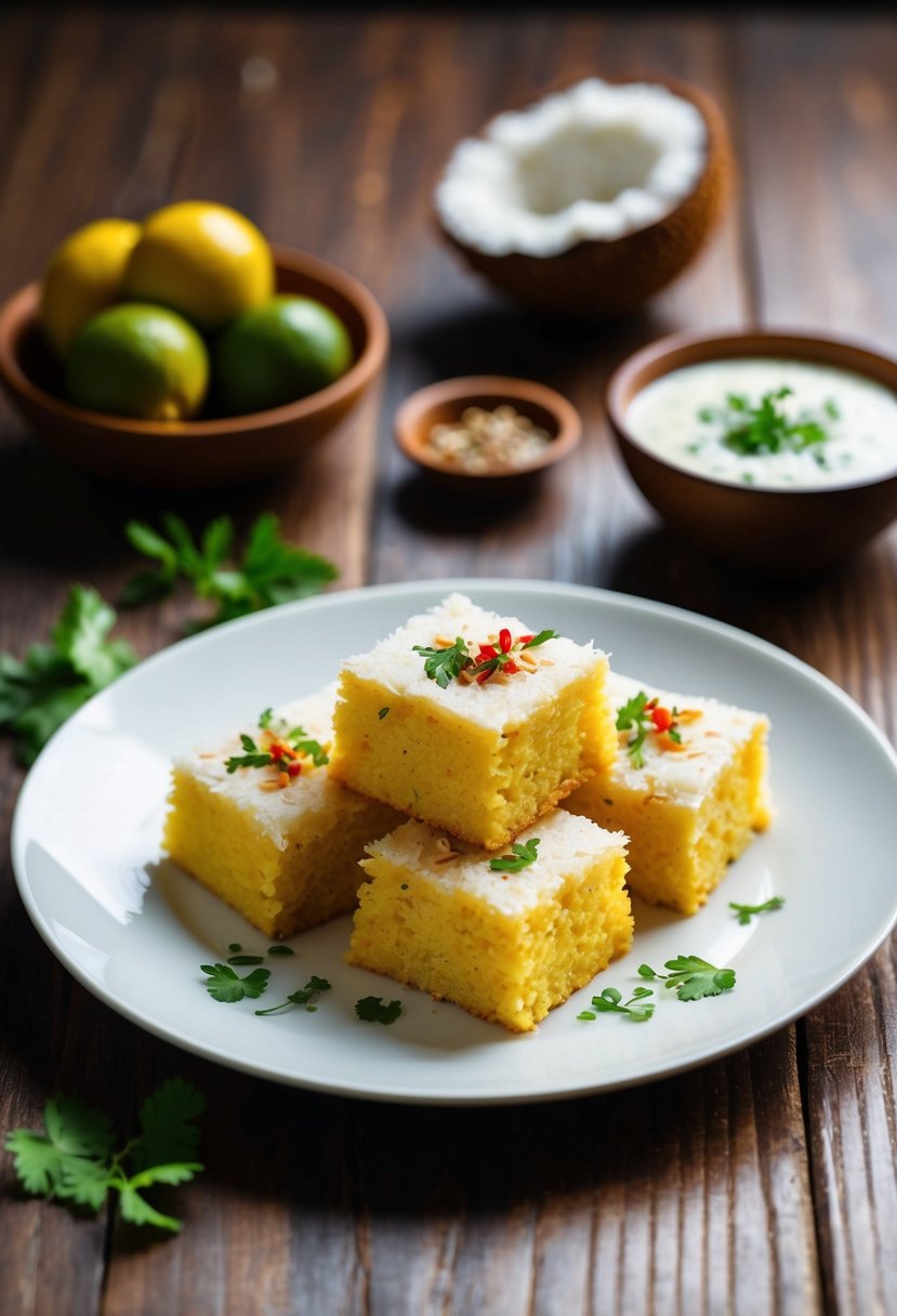 A plate of Coconut Khaman Dhokla with garnishes on a wooden table