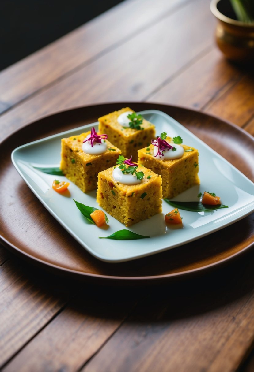 A plate of steamed amaranth dhokla with garnishes on a wooden table