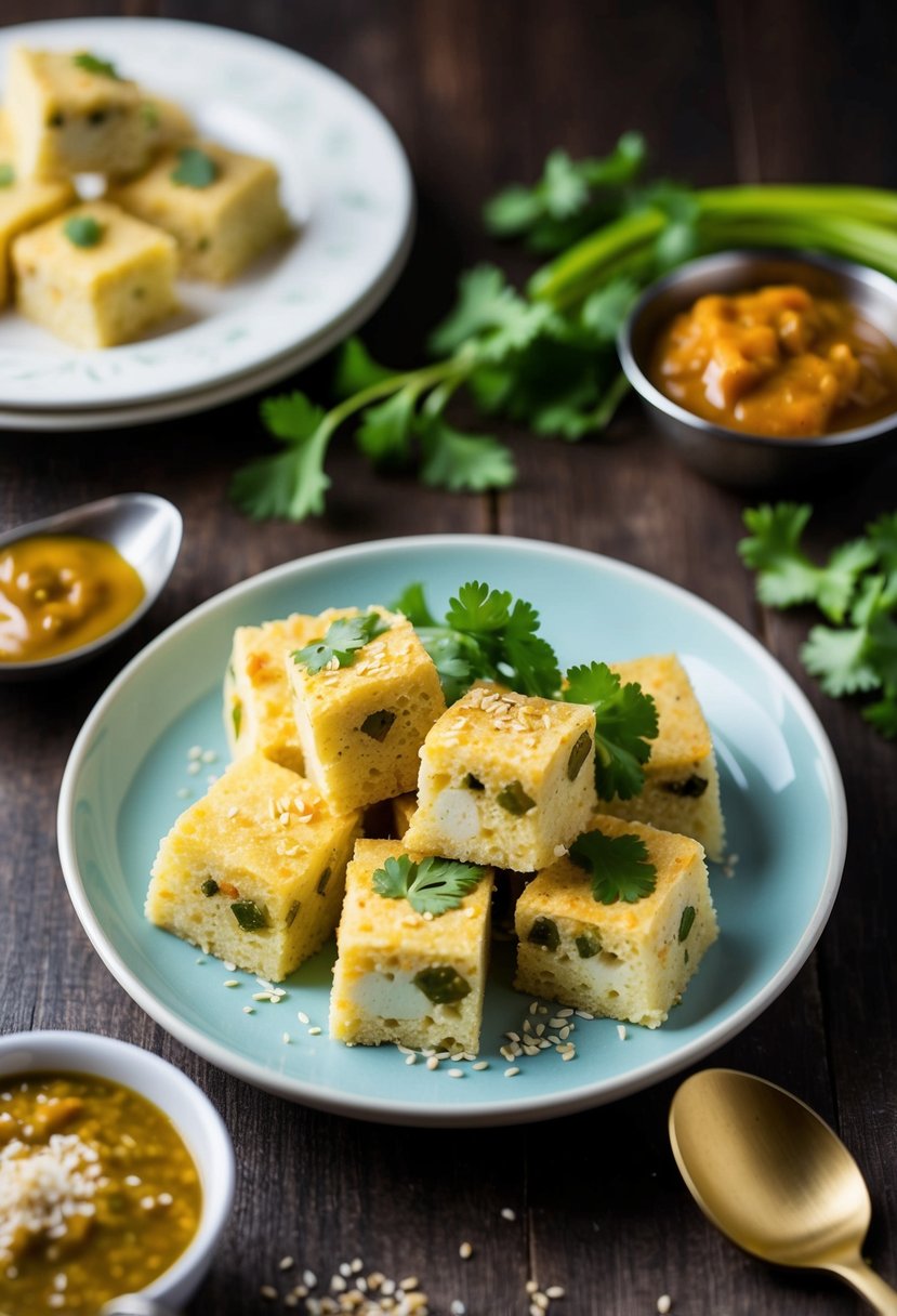 A plate of steamed dhokla with paneer filling, garnished with cilantro and served with chutney and a sprinkle of sesame seeds