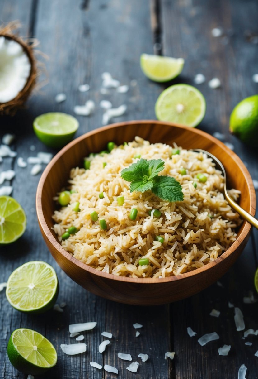 A wooden bowl filled with coconut lime brown rice, surrounded by scattered lime slices and coconut flakes on a rustic table