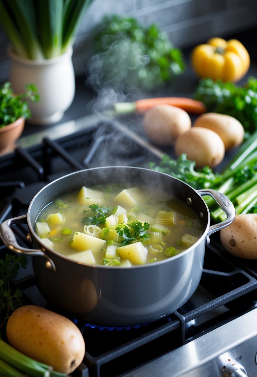 A steaming pot of leek and potato soup simmers on a stovetop, surrounded by fresh vegetables and herbs