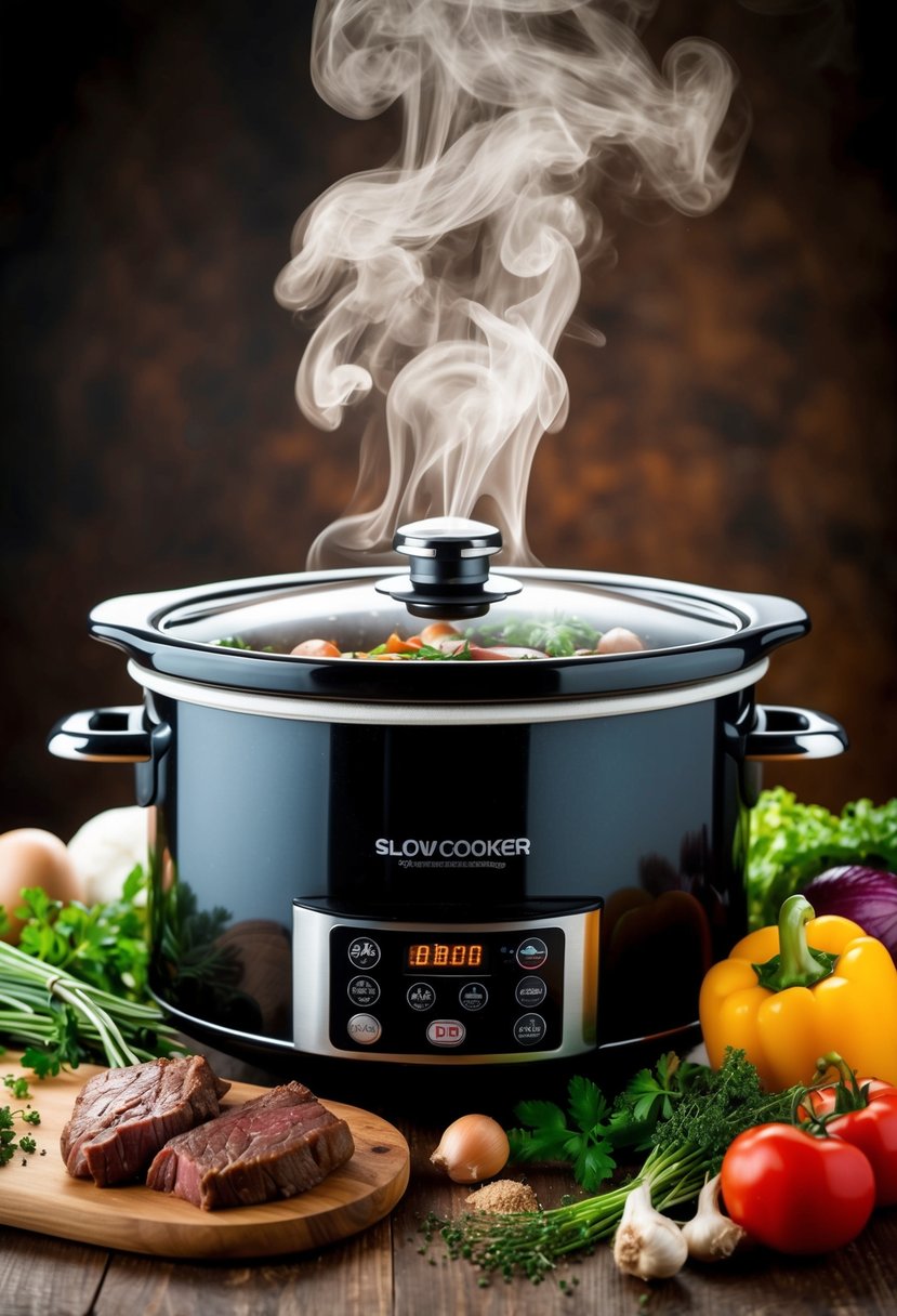 A slow cooker surrounded by fresh ingredients like beef, vegetables, and herbs, with steam rising from the pot