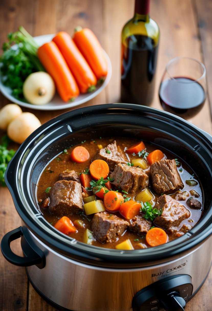 A bubbling slow cooker filled with classic beef stew, red wine, and hearty vegetables