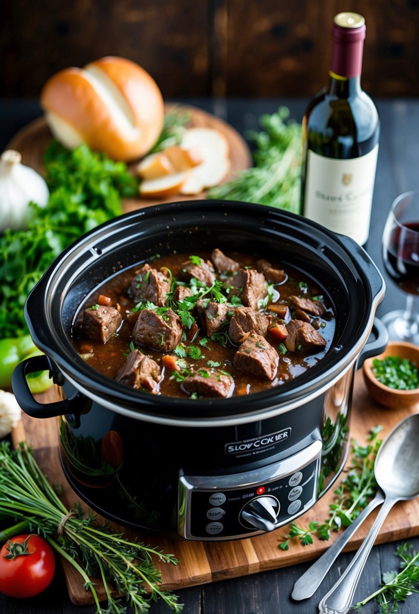 A bubbling slow cooker filled with savory Beef Bourguignon, surrounded by fresh herbs, vegetables, and a bottle of red wine