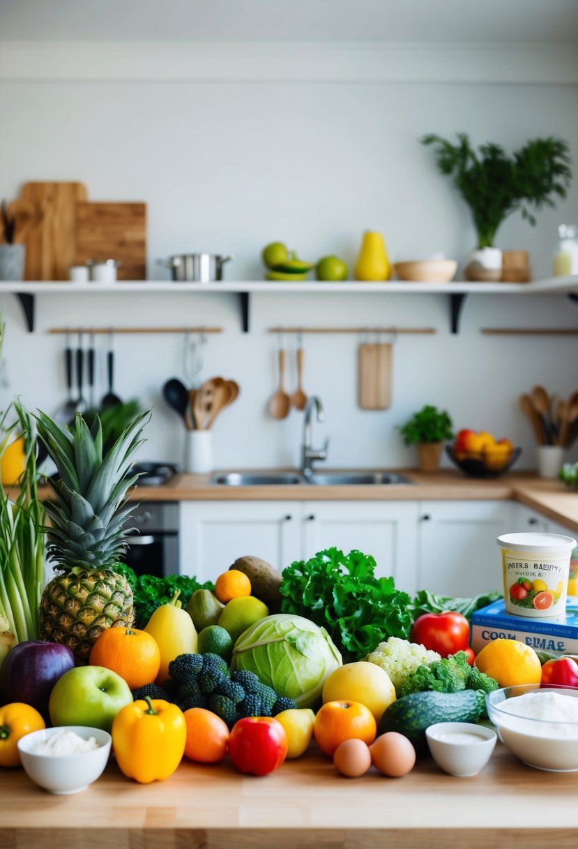 A kitchen counter with an assortment of fresh fruits, vegetables, and non-dairy ingredients, surrounded by cooking utensils and recipe books