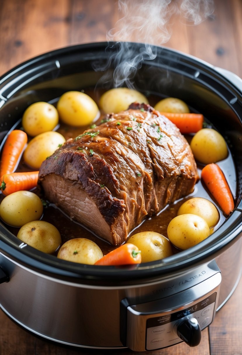 A succulent pot roast surrounded by carrots, potatoes, and onions simmering in a slow cooker, emitting a mouthwatering aroma