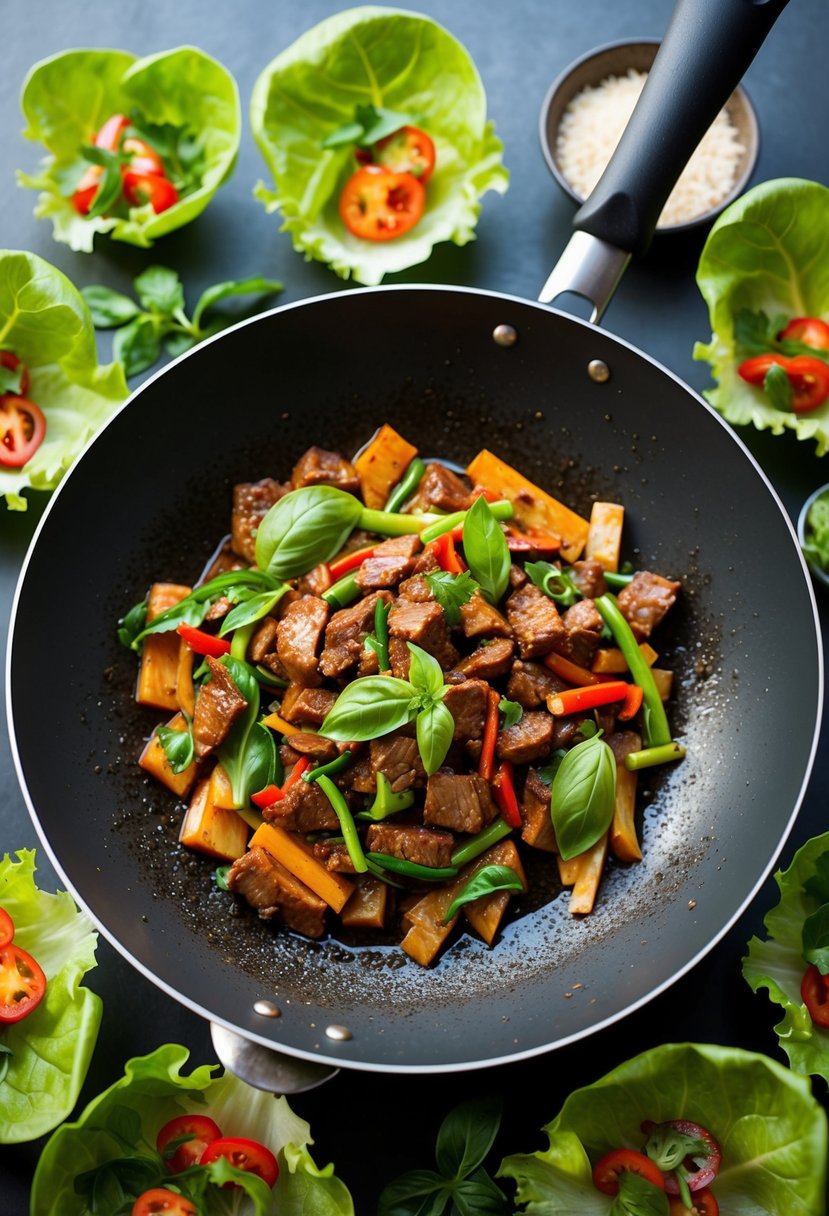 A sizzling wok of Thai basil beef and vibrant vegetables, surrounded by fresh lettuce cups