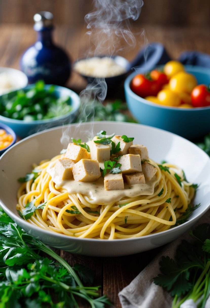 A steaming bowl of pasta topped with creamy tofu sauce, surrounded by fresh herbs and colorful vegetables