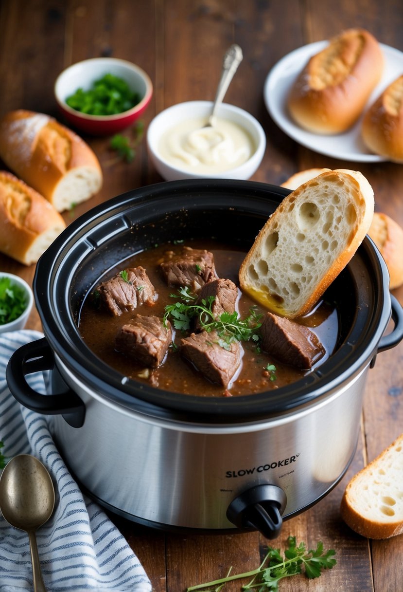 A slow cooker filled with simmering beef and au jus, surrounded by crusty French bread and a side of horseradish sauce