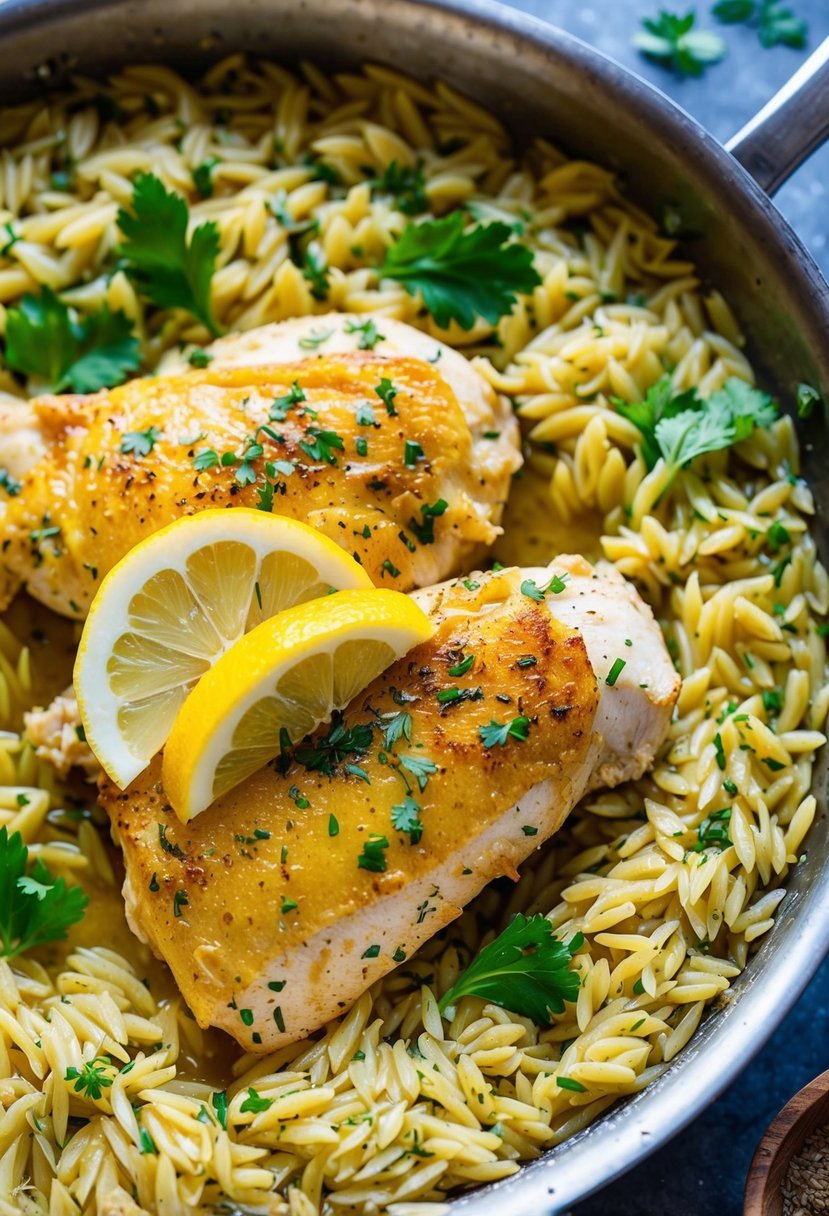 A sizzling lemon chicken dish surrounded by a bed of orzo pasta, with vibrant herbs and spices scattered around