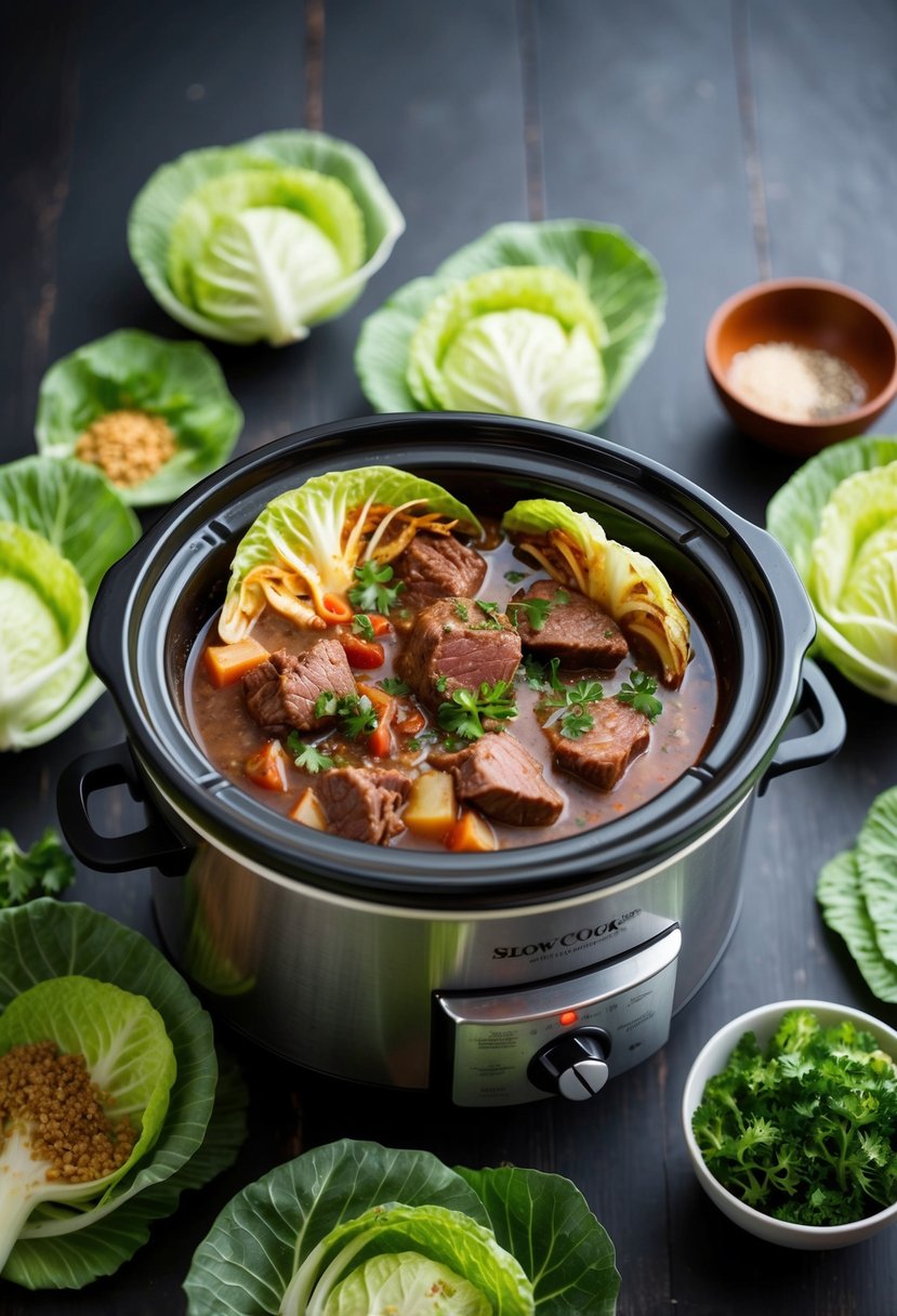 A slow cooker surrounded by cabbage leaves, beef, and savory ingredients