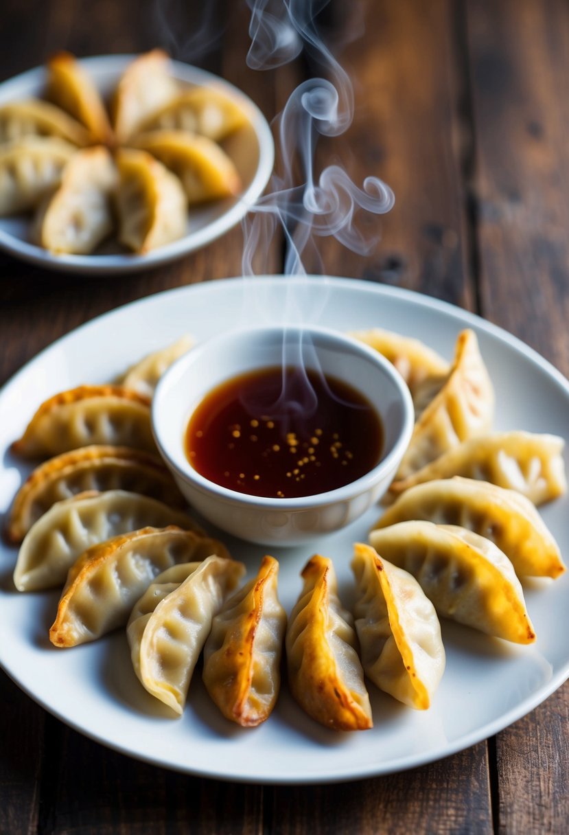 A plate of golden-brown pot stickers arranged around a small bowl of dipping sauce, with steam rising from the freshly baked dumplings