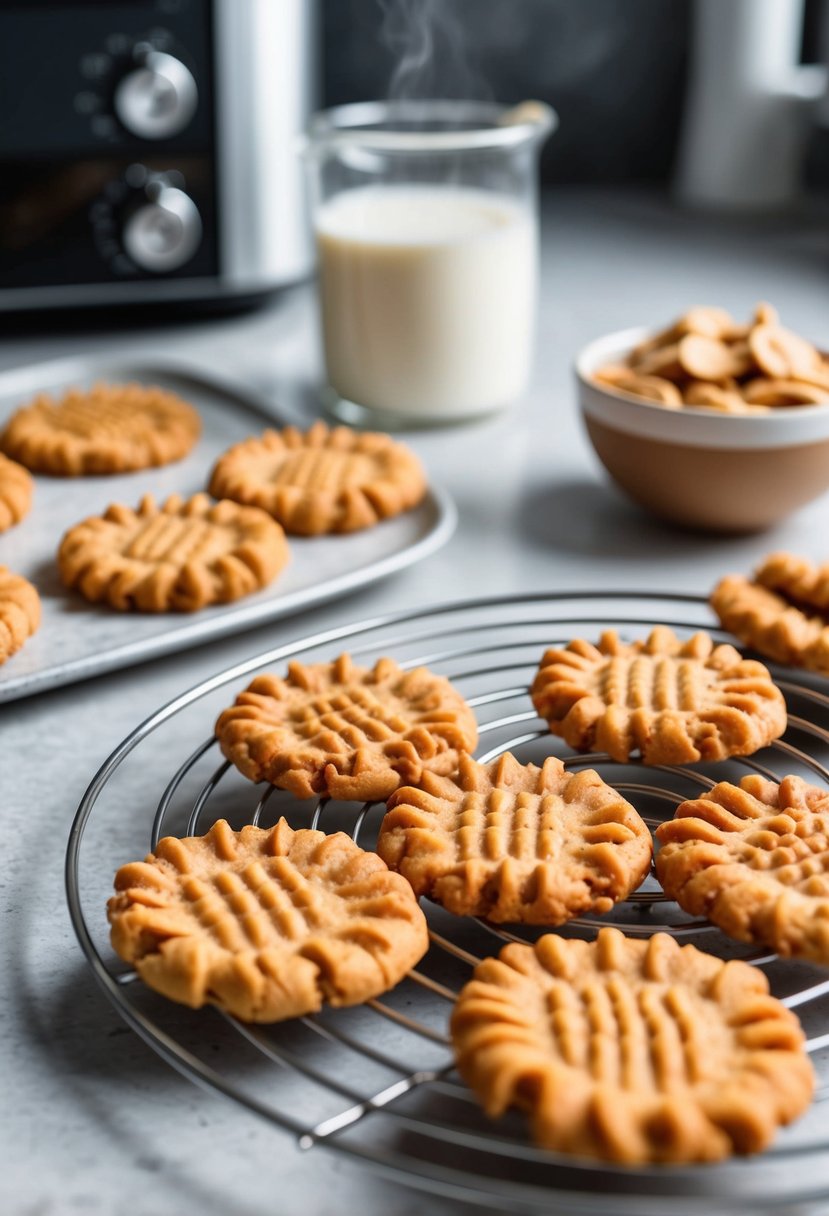 A batch of peanut butter cookies being air-fried in a modern kitchen, with dairy-free ingredients displayed nearby