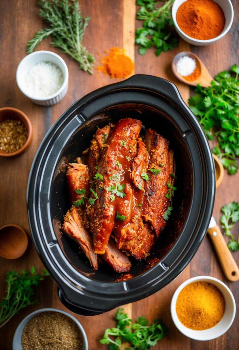 A slow cooker filled with tender, zesty barbecue brisket surrounded by vibrant herbs and spices