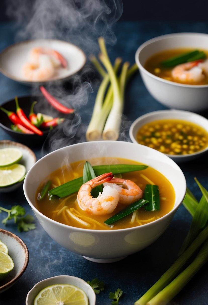 A steaming bowl of Tom Yum Goong Soup surrounded by fresh ingredients like lemongrass, chili, and shrimp