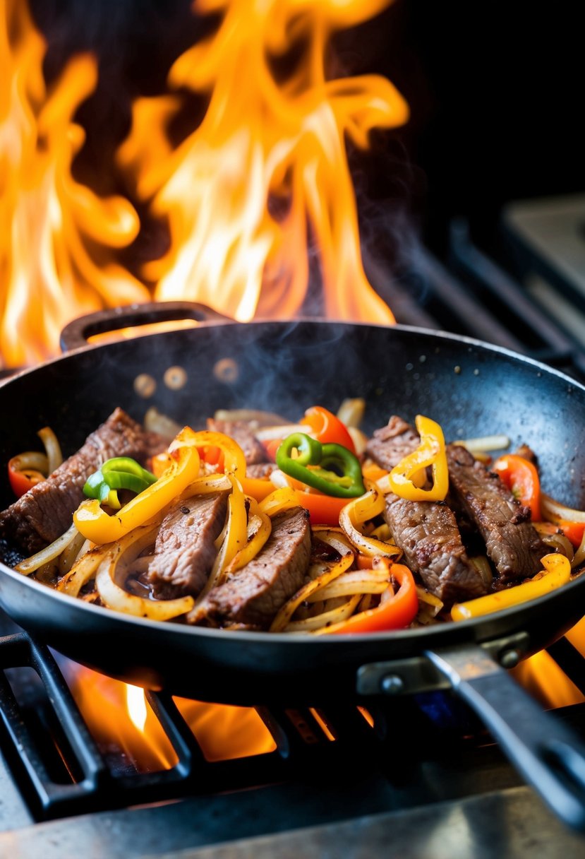 A sizzling skillet of beef fajitas with onions and peppers cooking over a flame