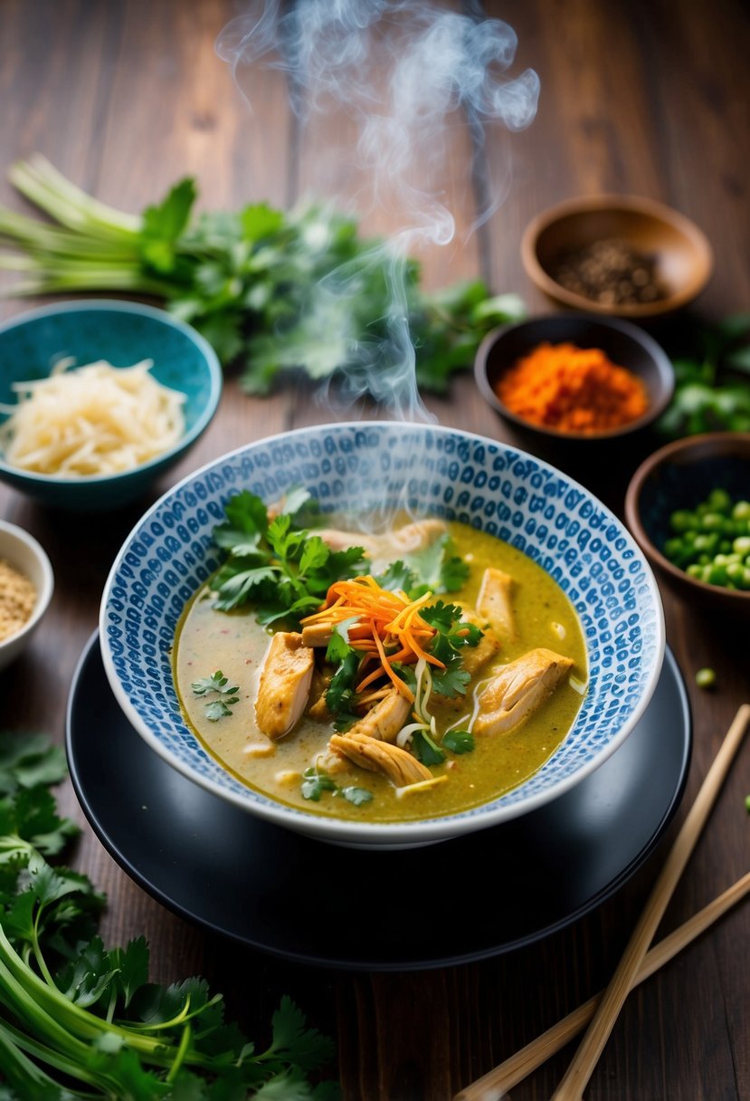 A steaming bowl of dairy-free chicken curry laksa, surrounded by vibrant spices and fresh herbs