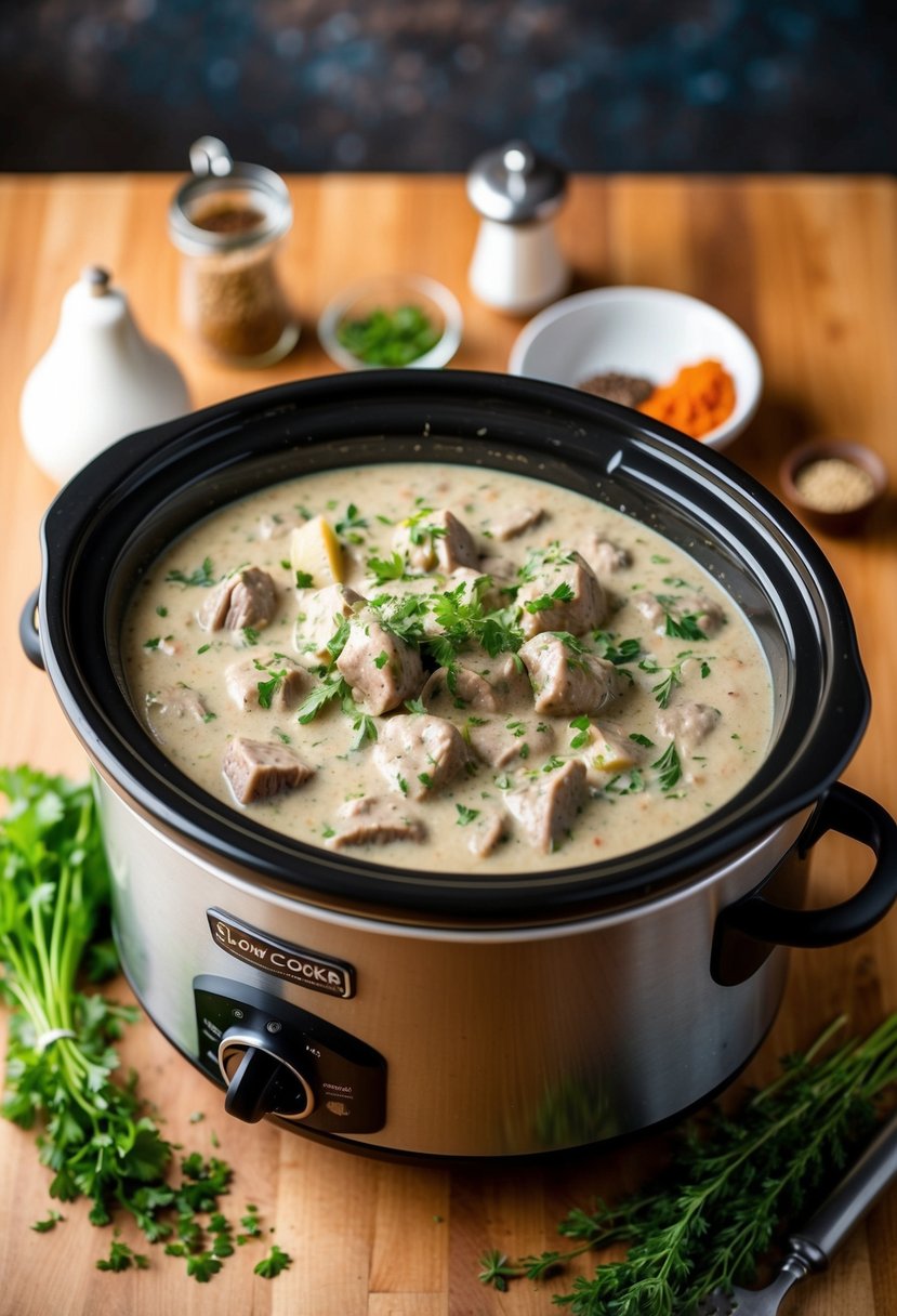 A slow cooker filled with creamy beef stroganoff, surrounded by fresh herbs and spices on a wooden kitchen counter