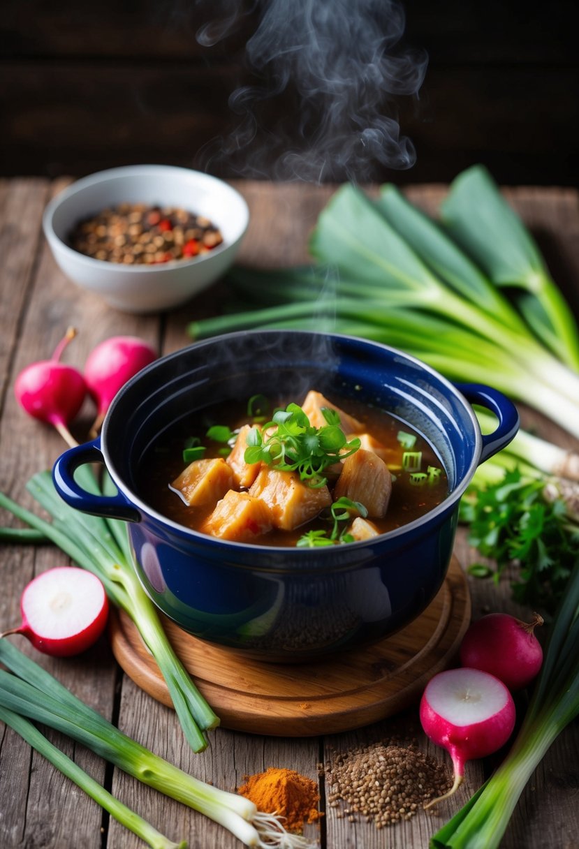 A steaming pot of Galbitang sits on a rustic wooden table, surrounded by fresh Korean radishes, green onions, and fragrant spices