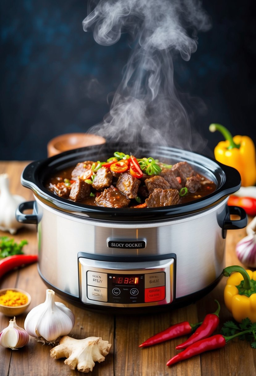 A steaming slow cooker filled with spicy Korean beef, surrounded by vibrant ingredients like garlic, ginger, and chili peppers