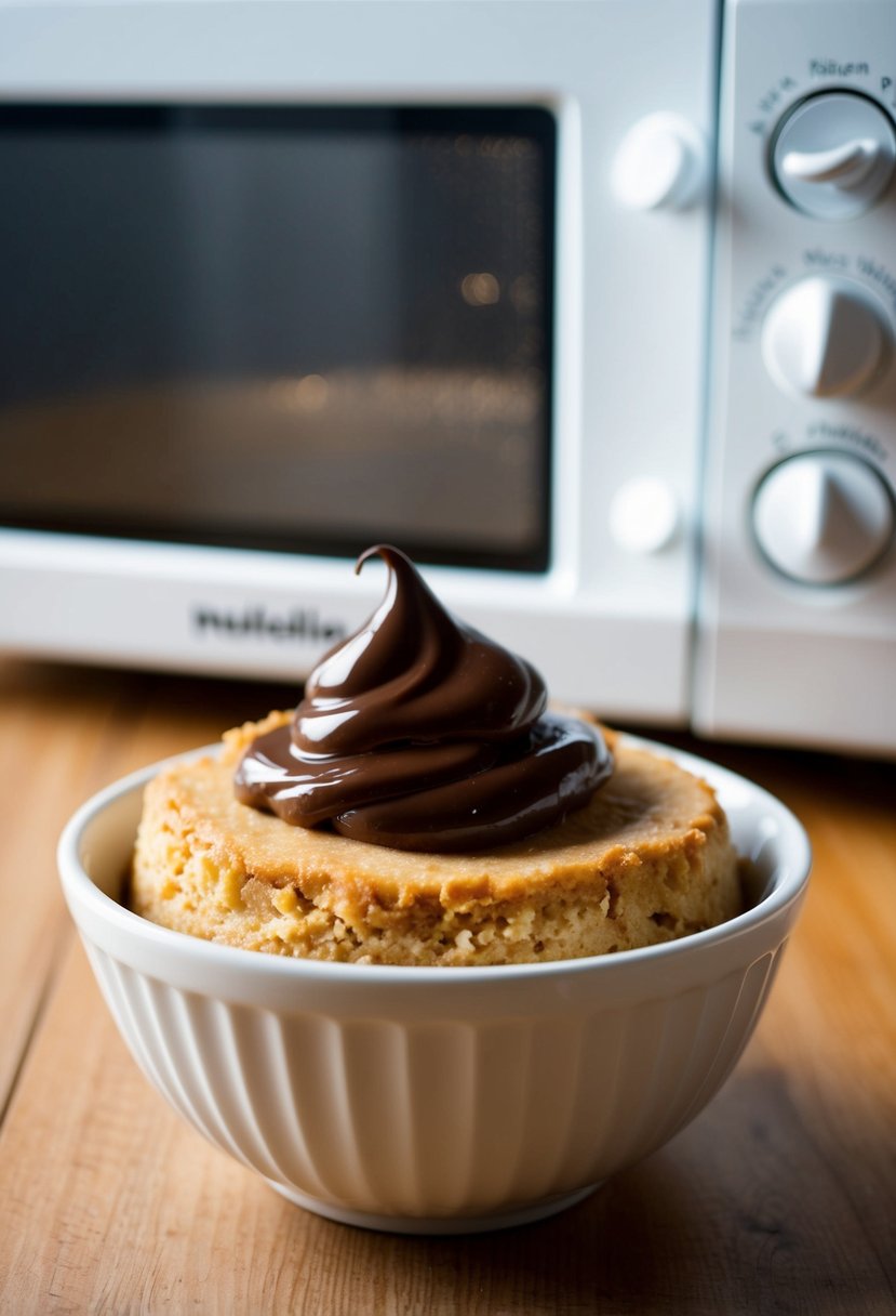 A small bowl of dairy-free Nutella pudding cake sits in front of a microwave, with a dollop of Nutella on top