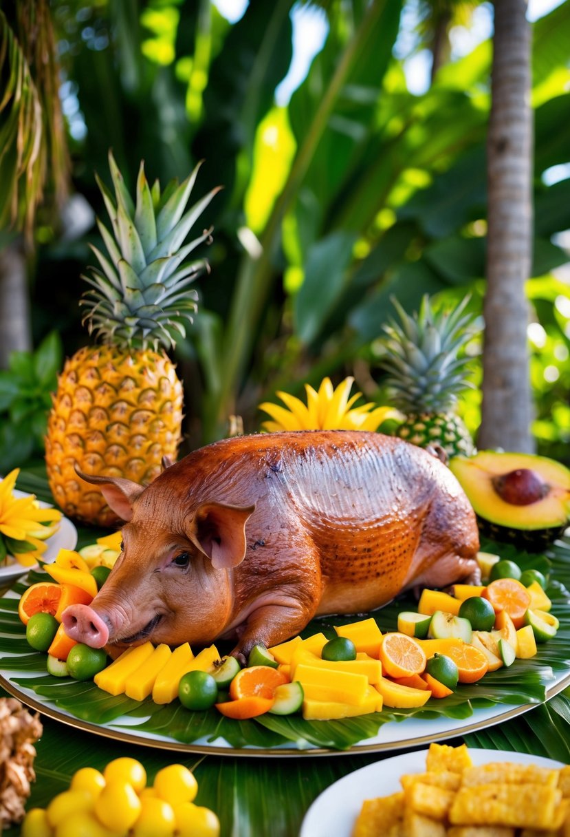 A tropical luau feast with a whole roasted pig surrounded by tropical fruits and vegetables