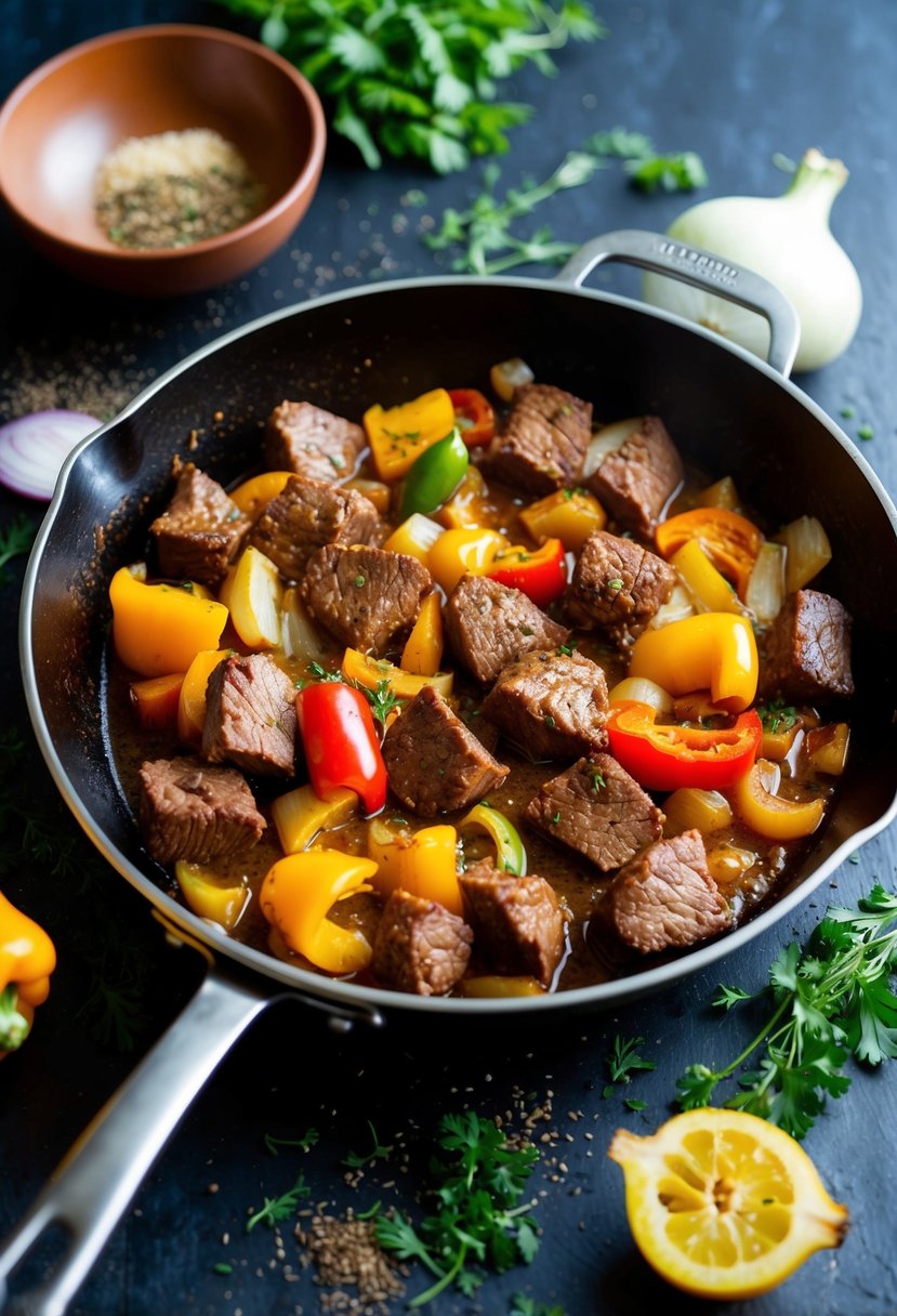 A sizzling skillet with chunks of tender beef, colorful bell peppers, and onions, surrounded by aromatic spices and herbs