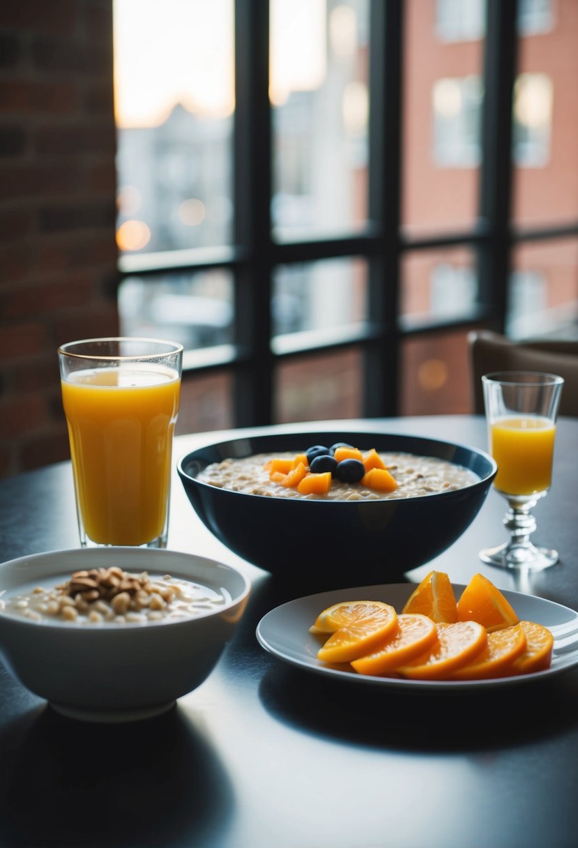 A table with a bowl of oatmeal, a plate of fruit, and a glass of orange juice