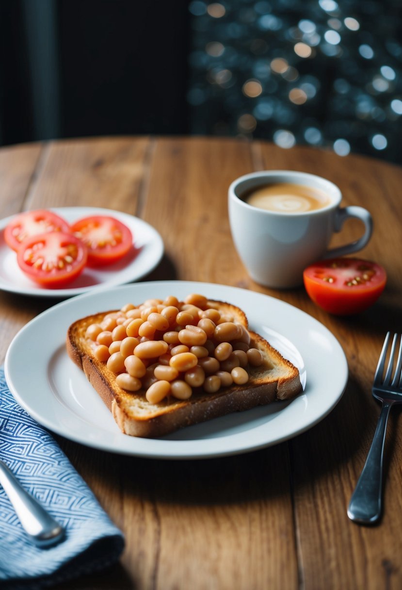 A plate of beans on toast with a side of sliced tomatoes and a cup of coffee on a wooden table