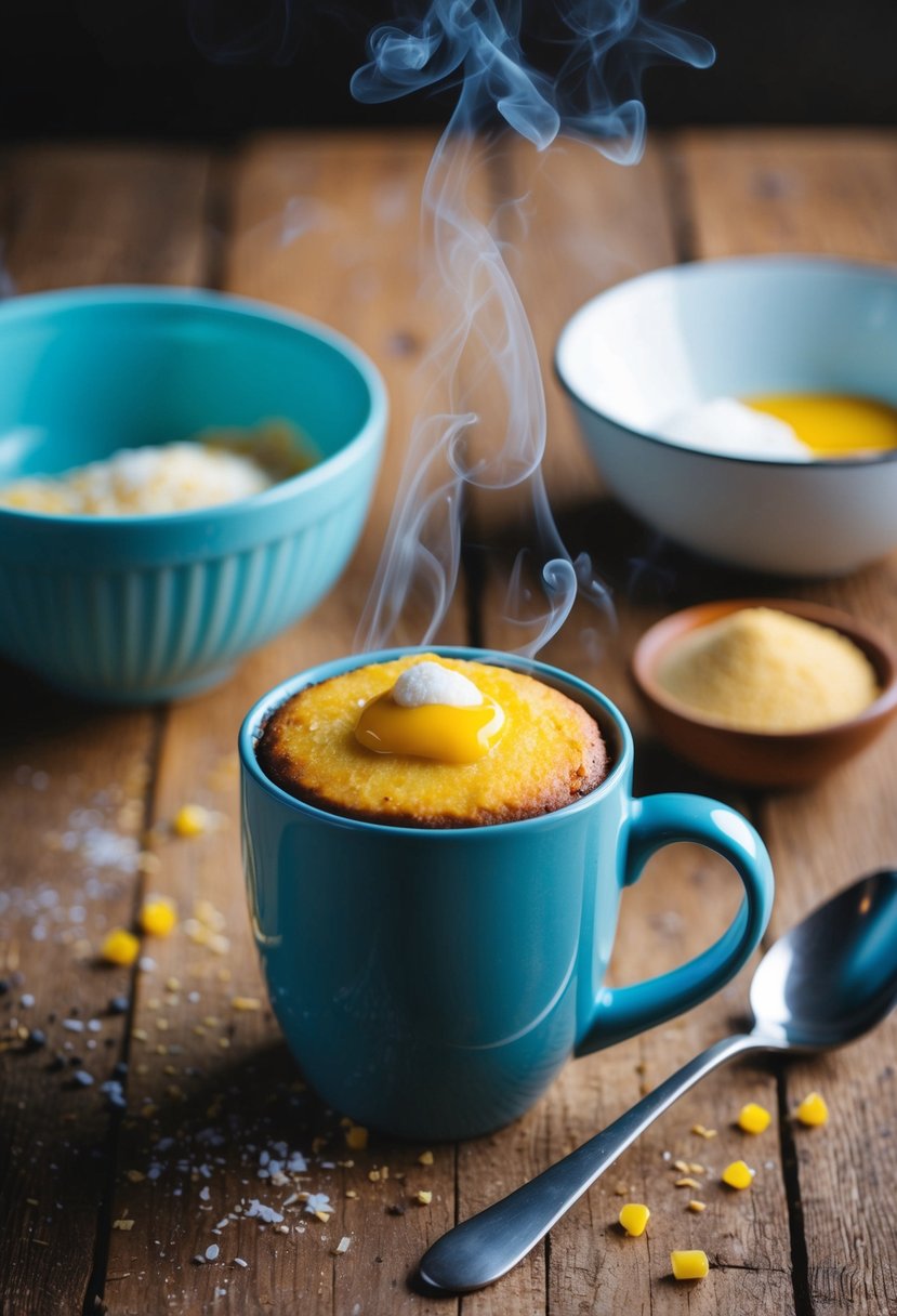 A steaming mug cake sits on a rustic wooden table, surrounded by scattered ingredients and a mixing bowl. A spoon rests next to the mug