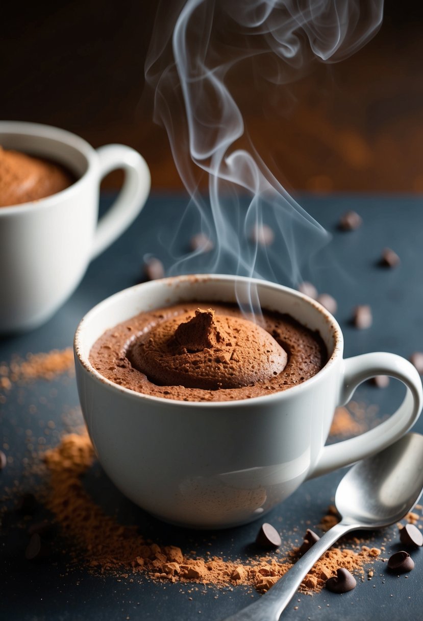 A steaming mug cake sits on a table, surrounded by scattered cocoa powder and chocolate chips. A spoon rests next to the mug