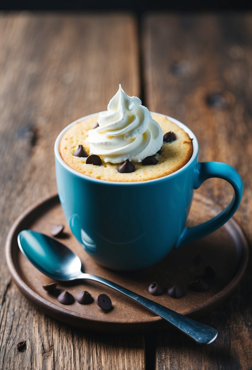 A vanilla mug cake with chocolate chips sits on a rustic wooden table with a spoon and a dollop of whipped cream