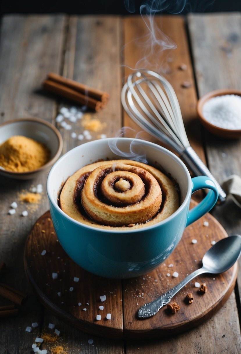 A steaming cinnamon roll mug cake sits on a rustic wooden table, surrounded by scattered ingredients and a vintage whisk