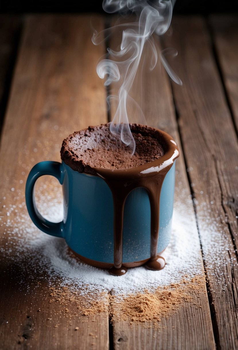 A steaming mug of molten chocolate cake sits on a rustic wooden table, surrounded by scattered cocoa powder and a dusting of powdered sugar