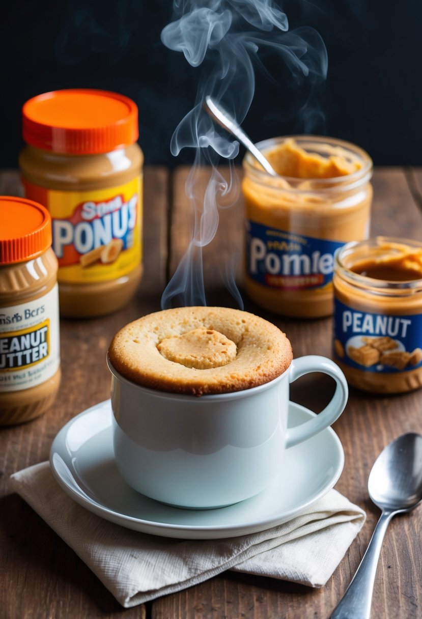 A steaming mug cake sits on a wooden table, surrounded by jars of peanut butter and ingredients. A spoon and napkin are nearby