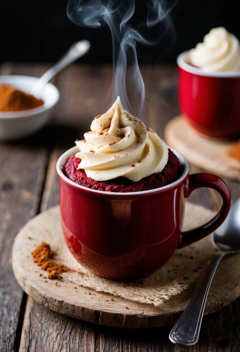 A steaming red velvet mug cake sits on a rustic wooden table, topped with a dollop of creamy frosting and a sprinkle of cocoa powder